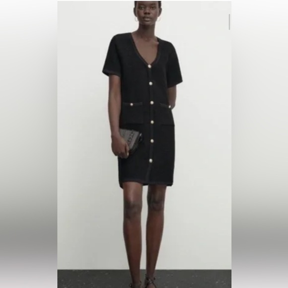 Massimo Dutti Black Textured Mini Boucle Dress with Golden Buttons. Size XS - Picture 1 of 8